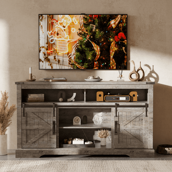 OKD Farmhouse TV Stand for TVs up to 70", Rustic Entertainment Center with Storage Cabinets & Barn Door & Adjustable Shelf for liveing Room, Light Rustic Oak