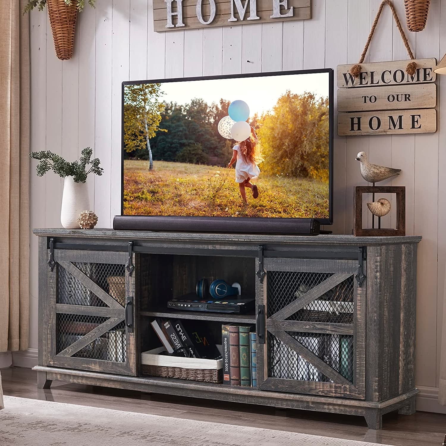 OKD Farmhouse Premium Wood TV Stand with Metal Mesh