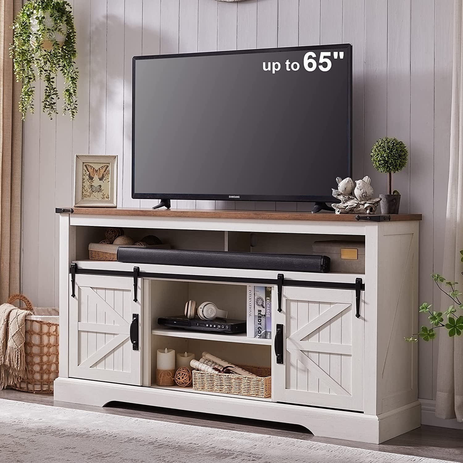 OKD Farmhouse TV Stand for TVs up to 70", Rustic Console Entertainment Center Television Table with Adjustable Shelf for liveing Room, Antique White