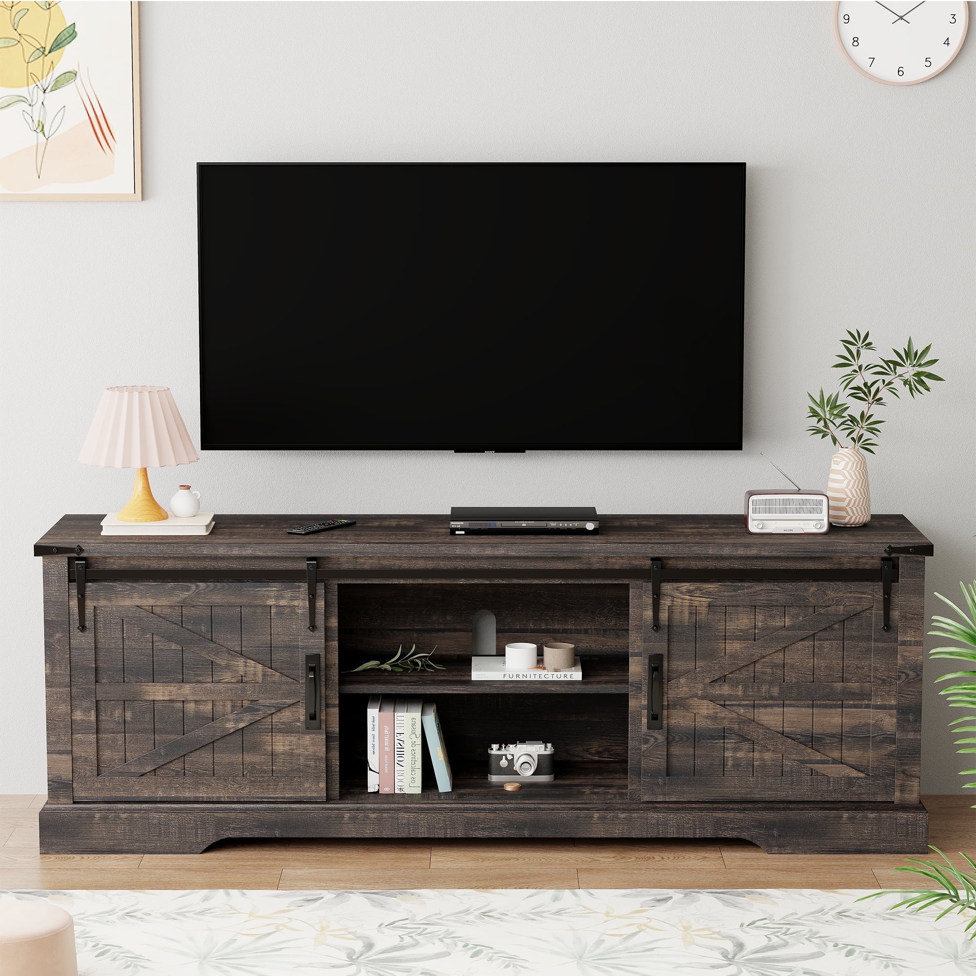 Dark Rustic Oak Farmhouse TV Stand with Sliding Barn Doors
