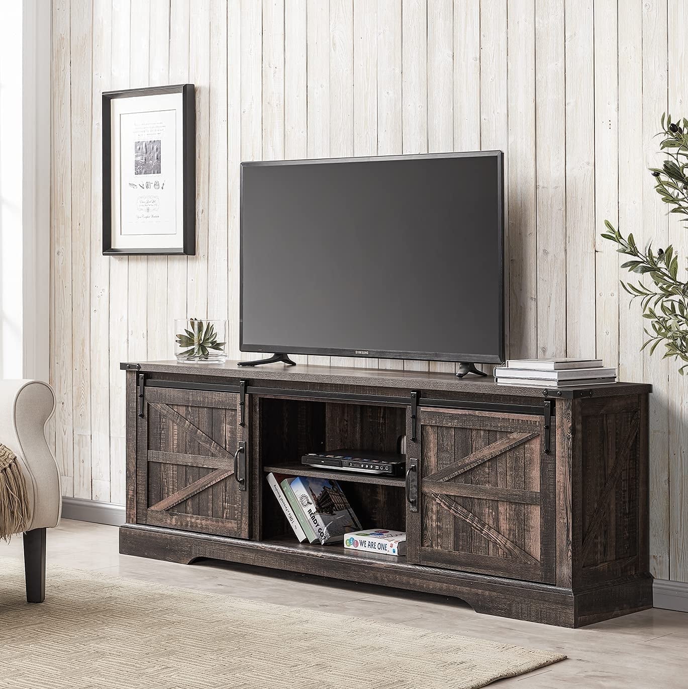 Dark Rustic Oak Farmhouse TV Stand with Sliding Barn Doors