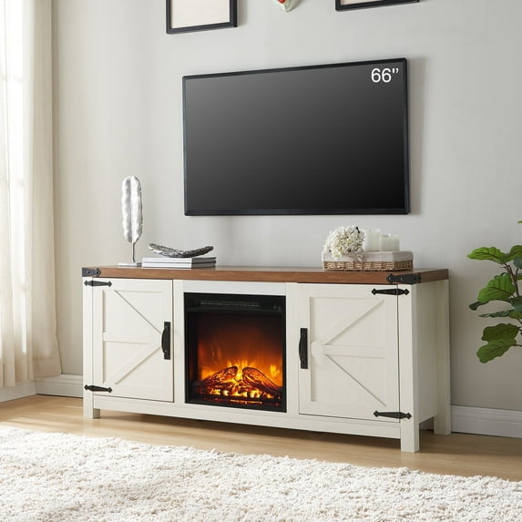 OKD Farmhouse TV Stand with Fireplace for 65 inch TV, Entertainment Center with Fireplace & doors for Living Room, Antique White