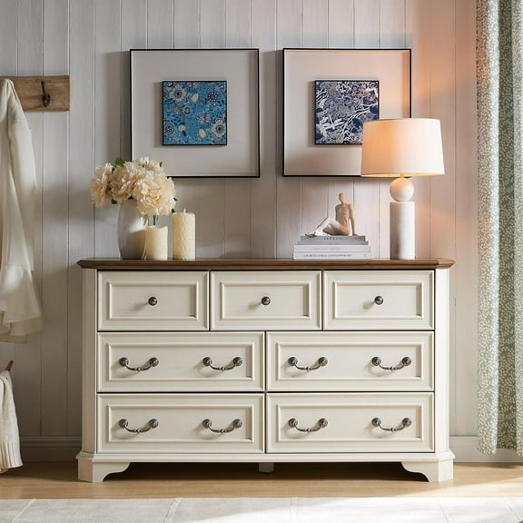 OKD Farmhouse Vintage 7-Drawer Dresser with Thick Plank, Wood Large Storage Chest, Rustic Closet Dresser for Bedroom, Living Room, Antique White