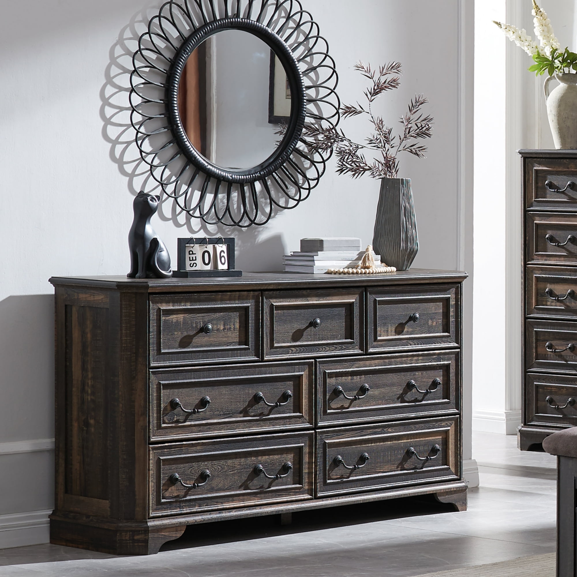 OKD Farmhouse Vintage 7-Drawer Dresser with Thick Plank, Wood Large ...