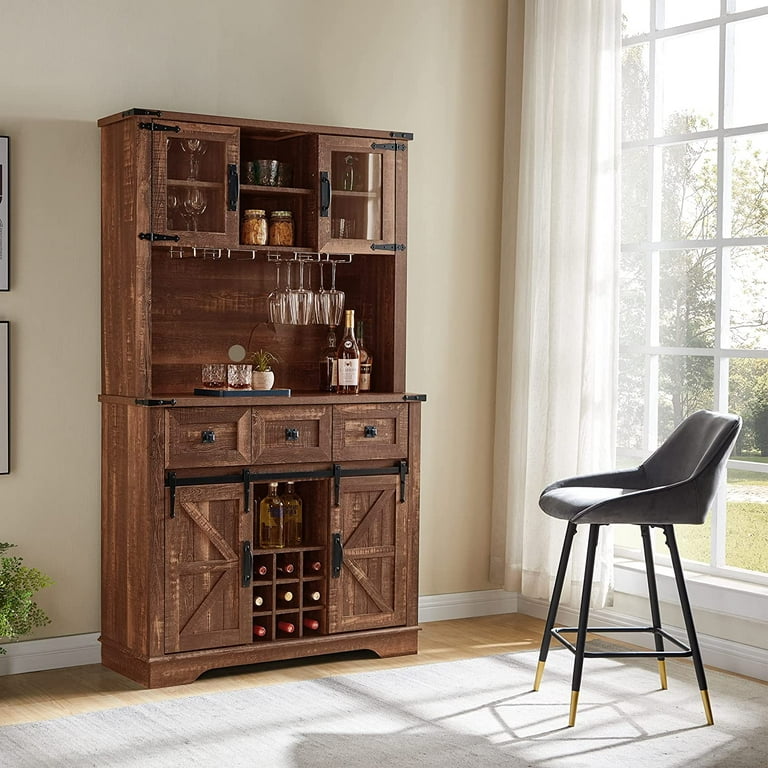 Okd Farmhouse Wood Bar Cabinet with Sliding Barn Door,Wine and Glass Rack, Drawers, Adjustable Shelves (Reclaimed Barnwood), Size: One size, Brown