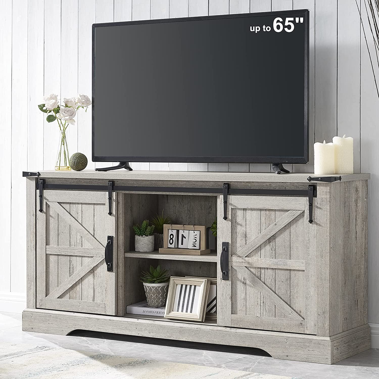 OKD Farmhouse Wood Barndoor TV Stand for Living Room Console for TVs up