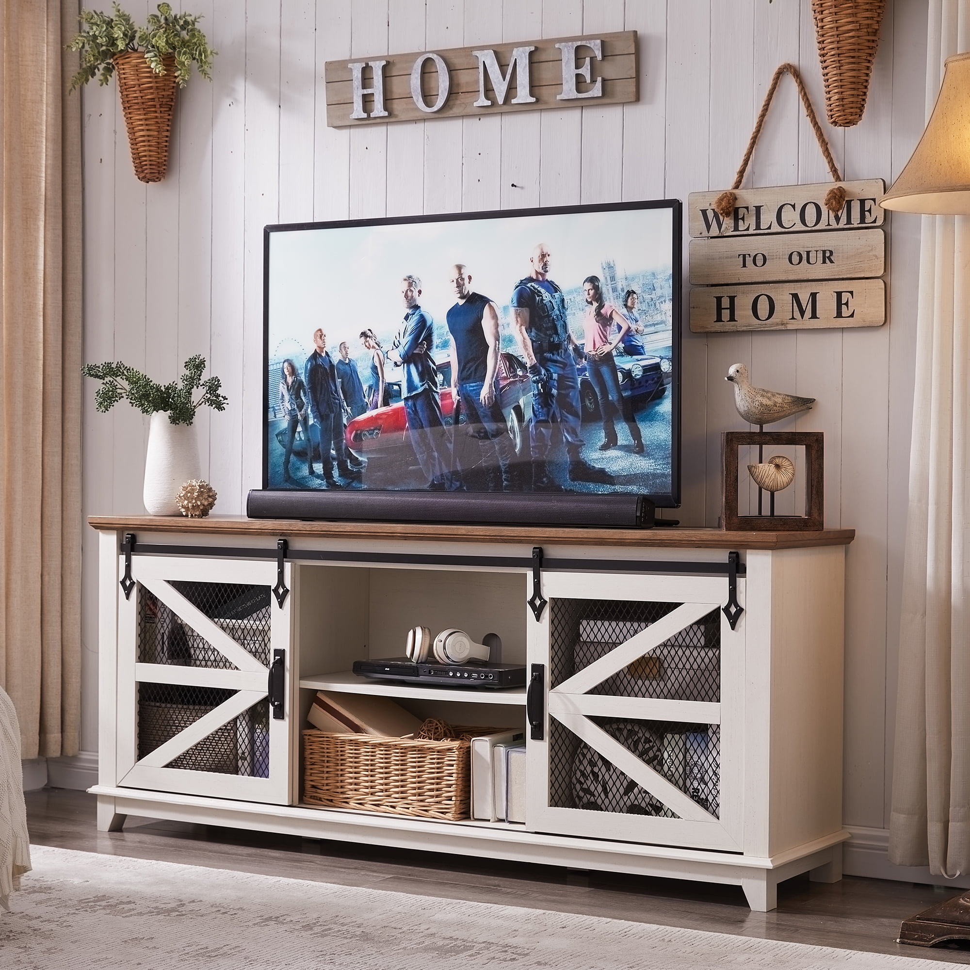 OKD Farmhouse Entertainment Center with Barn Door, 66" Wide TV Stand