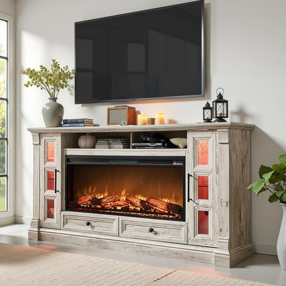 OKD Fireplace TV Stand for up to 80" TVs, 36"H Farmhouse Entertainment Center with 42" Electric Fireplace, LED Lights & Glass Door Cabinets, Antique Brush White