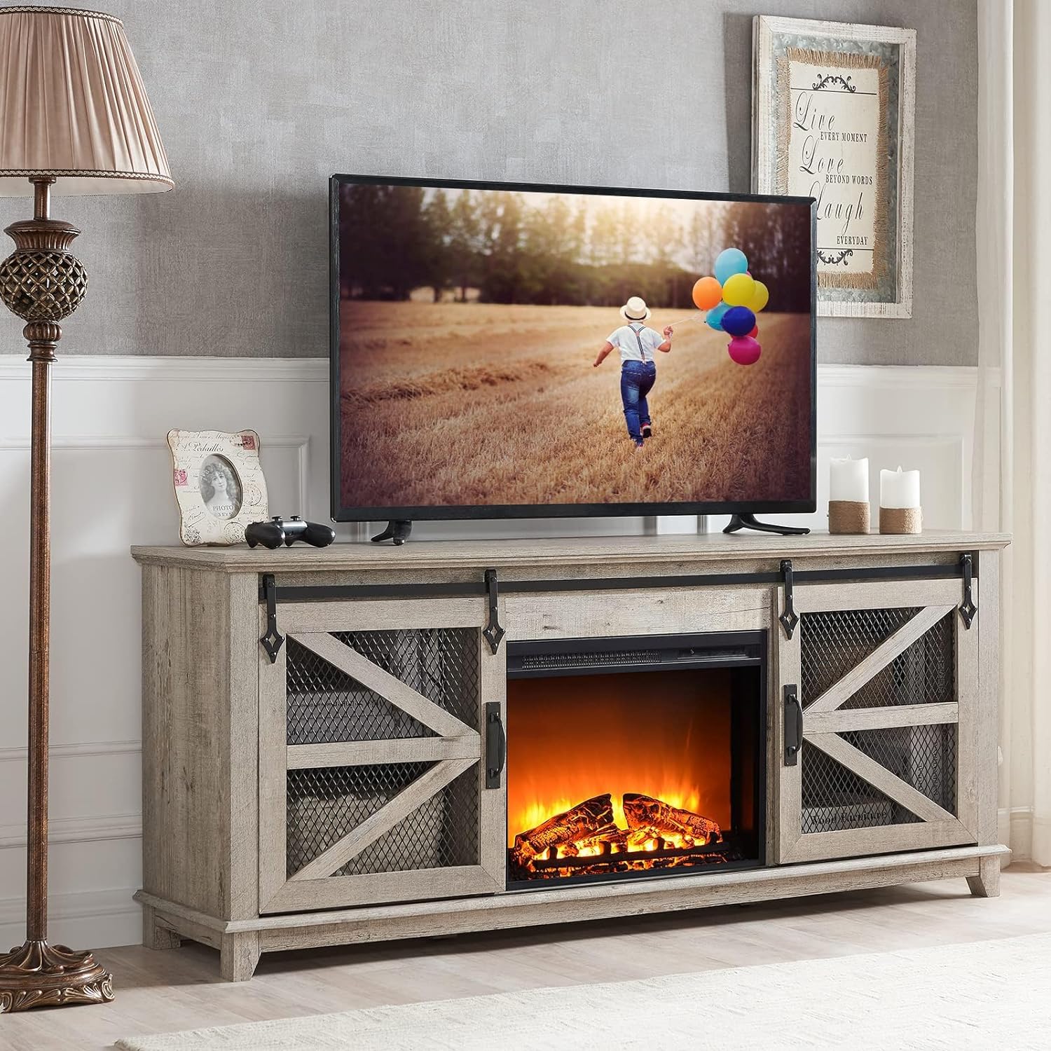 Walker Edison White Oak Corner Fireplace TV Stand for TVs up to 50