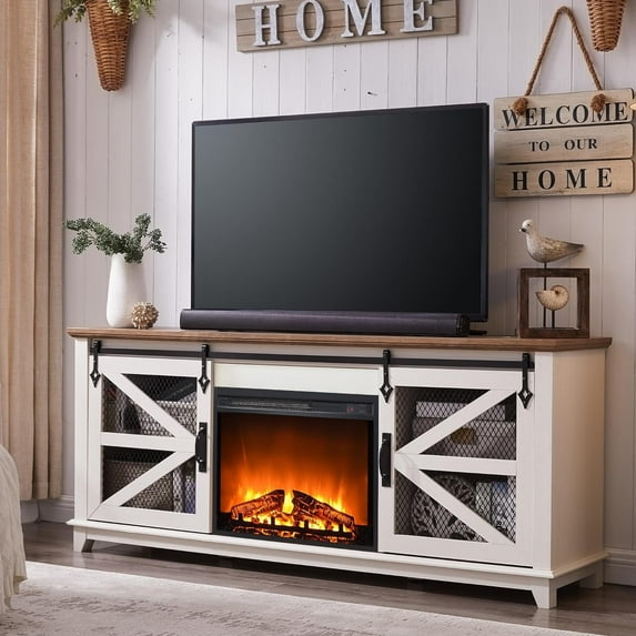 OKD Fireplace TV Stand for 75" TV with LED Lights, Farmhouse Electric Fireplace with Sliding Barn Door for Living Rooms, Antique White