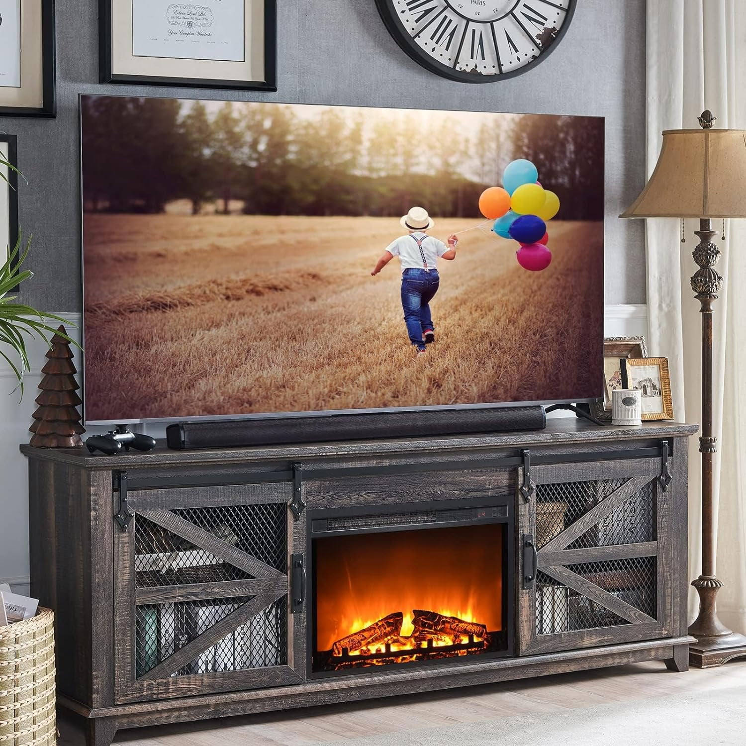 Rustic tv stand with fireplace and barn doors outlet