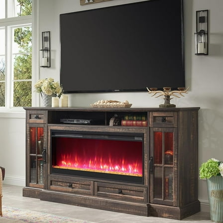 OKD Fireplace TV Stand for TVs up to 80",Farmhouse Entertainment Center with 42" Fireplace & LED Lights, Dark Rustic Oak