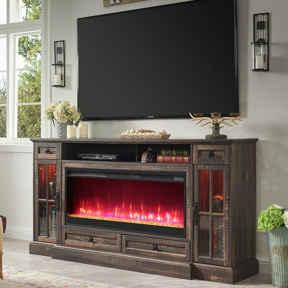 OKD Fireplace TV Stand for TVs up to 80",Farmhouse Entertainment Center with 42" Fireplace & LED Lights, Dark Rustic Oak