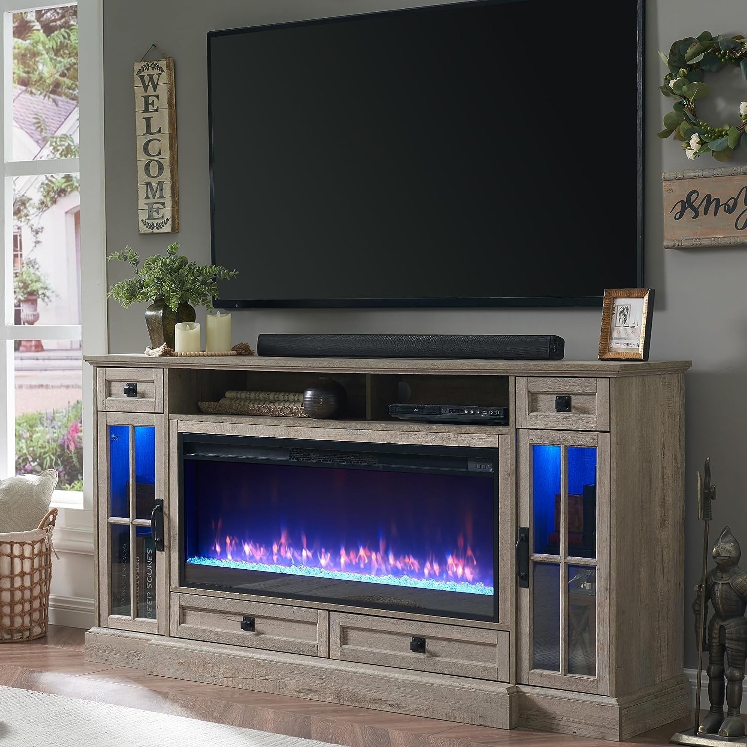 Farmhouse OKD Fireplace TV Stand for TVs up to 80