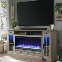 OKD Fireplace TV Stand for TVs up to 80",Farmhouse Entertainment Center with 42" Fireplace & LED Lights, Light Rustic Oak