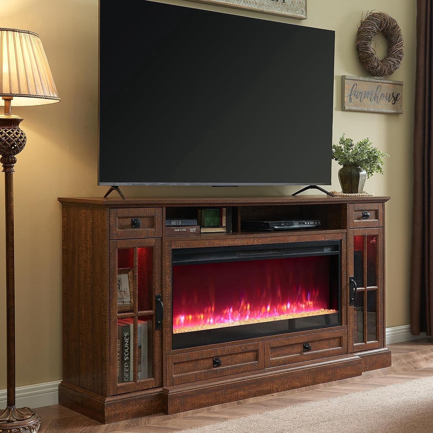 OKD Fireplace TV Stand for TVs up to 80",Farmhouse Entertainment Center with 42" Fireplace & LED Lights, Reclaimed Barnwood
