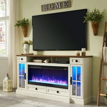 OKD Fireplace TV Stand for TVs up to 80",Farmhouse Entertainment Center with 42" Fireplace & LED Lights, White