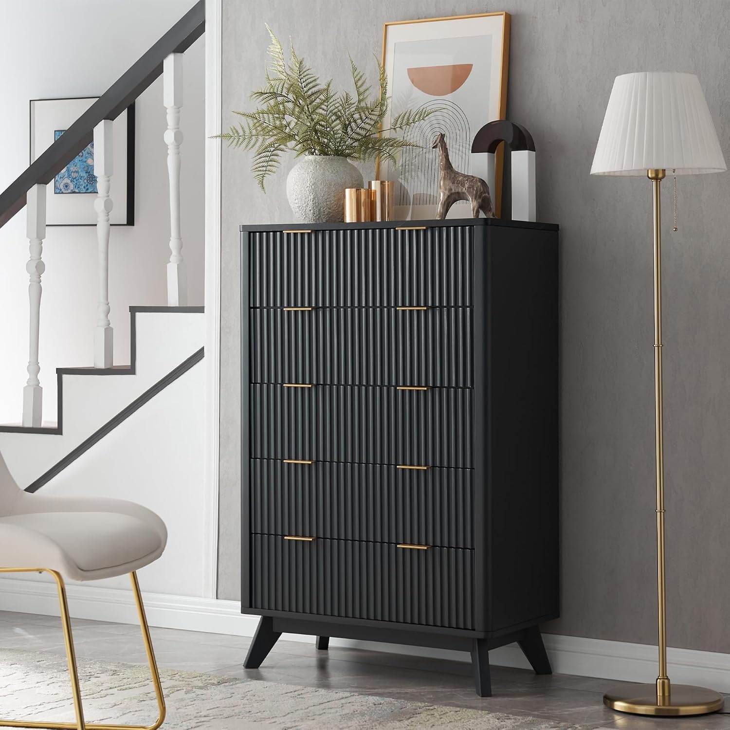 OKD Fluted 5 Drawers Dresser, Modern Wood Chest of Drawers with Faux Marble Top, Curved Profile Design for Bedroom, Living Room, Hallway, Entryway, Dark Grey