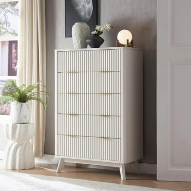 OKD Fluted 5 Drawers Dresser, Modern Wood Chest of Drawers with Faux Marble Top, Curved Profile Design for Bedroom, Living Room, Hallway, Entryway, Off White