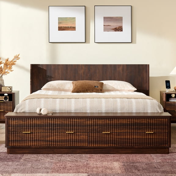 OKD Fluted King Size Bed Frame with Wingback Headboard, Footboard Storage Bench with Built-in Drawers & Lift-Up Compartments, Wood & Steel Platform Bed Frame, No Box Spring Needed, Dark Walnut