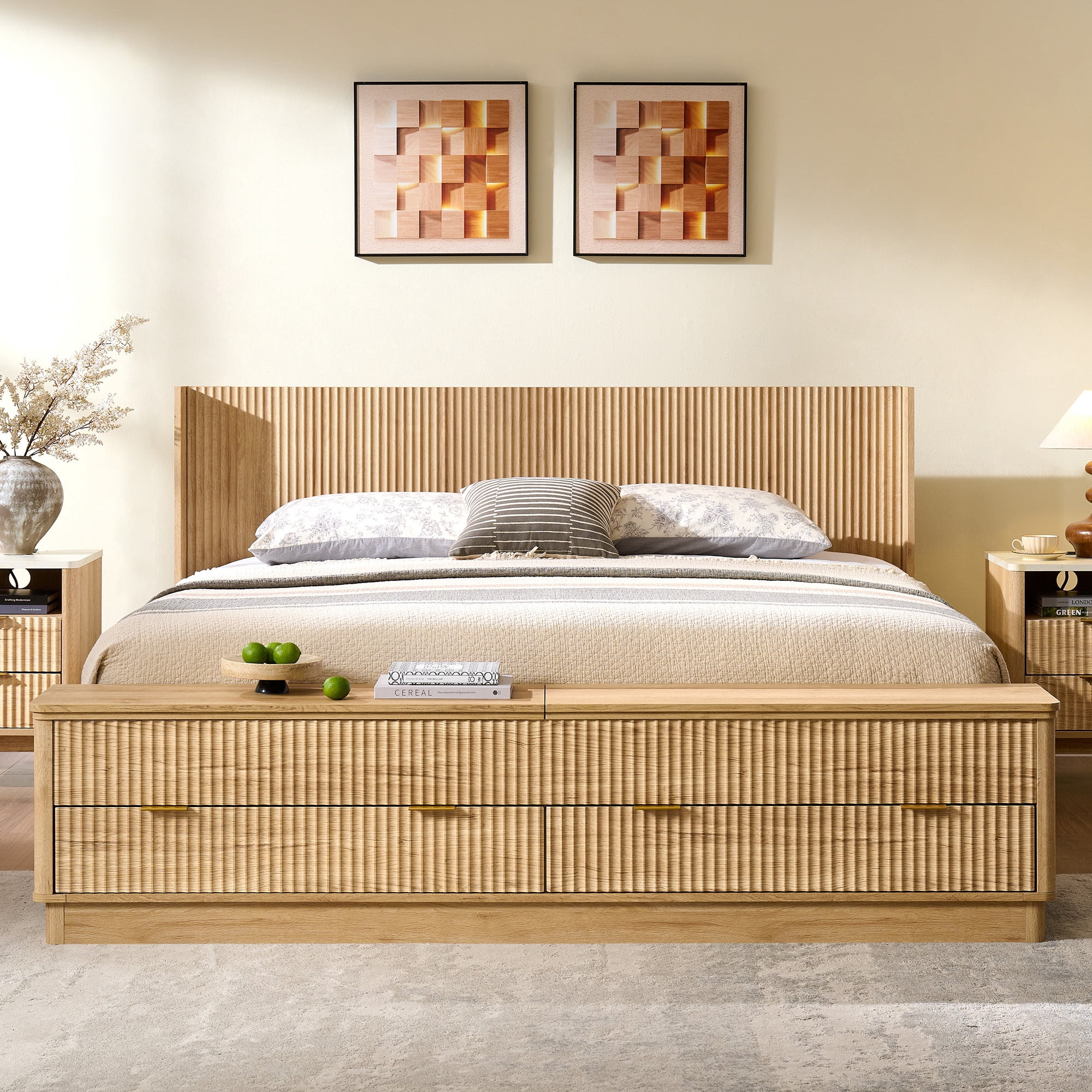 KeyWhat Modern Fluted King Size Bed Frame with Headboard & Storage Footboard, Built-in Drawers & Lift-Up Gas Struts, Solid Wood Slats, No Box Spring Needed, Natural Oak
