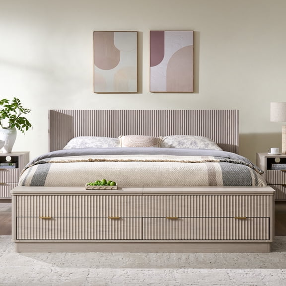 KeyWhat Modern Fluted King Size Bed Frame with Headboard & Storage Footboard, Built-in Drawers & Lift-Up Gas Struts, Solid Wood Slats, No Box Spring Needed, White Alder