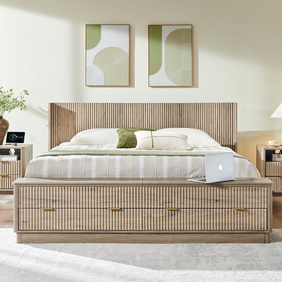KeyWhat Modern Fluted King Size Bed Frame with Headboard & Storage Footboard, Built-in Drawers & Lift-Up Gas Struts, Solid Wood Slats, No Box Spring Needed, Grey Alder