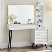 OKD Fluted Makeup Vanity Desk with 35" Large Mirror and Lights, 48" Mid Century Modern Glass Top Vanity Table with 5 Drawers & Adjustable Shelf, Dressing Table w/Charging Station for Bedroom,White