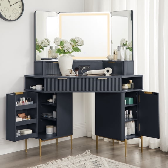 OKD 48" Fluted Makeup Vanity Desk with HD Triple Mirror and Lights, Modern Corner Vanity with 3 Drawers & 2 Cabin ets, Charging Station - Dark Grey