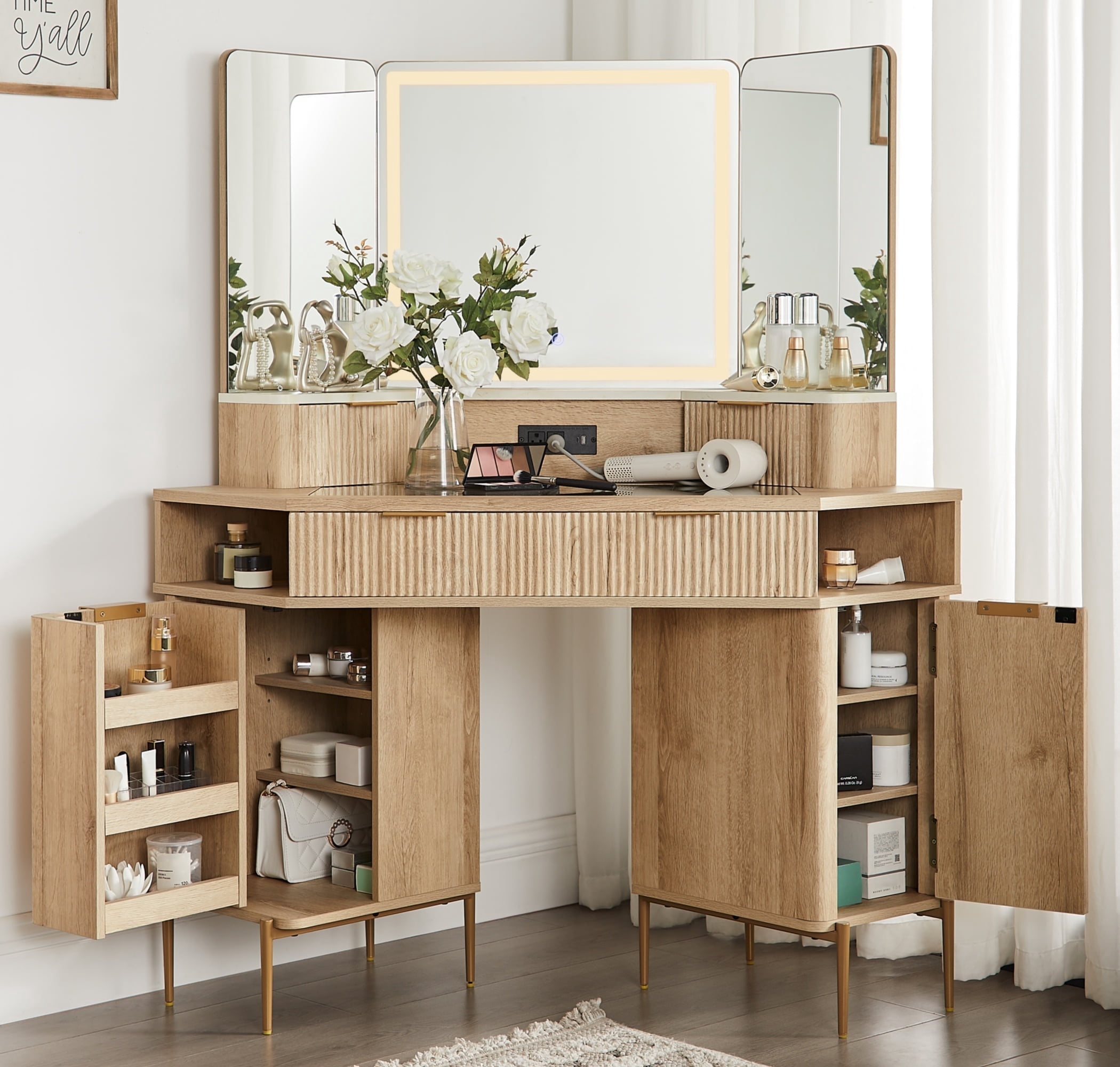 OKD 48" Fluted Makeup Vanity Desk with HD Triple Mirror and Lights, Modern Corner Vanity with 3 Drawers & 2 Cabin ets, Charging Station - Natural Oak