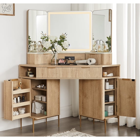 OKD 48" Fluted Makeup Vanity Desk with HD Triple Mirror and Lights, Modern Corner Vanity with 3 Drawers & 2 Cabin ets, Charging Station - Natural Oak