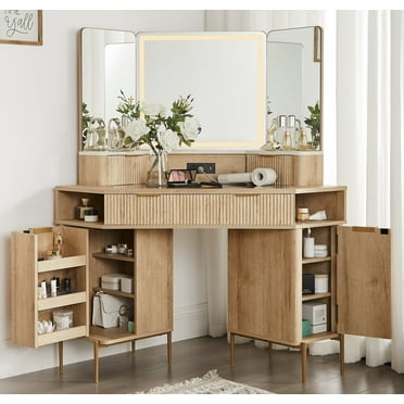 OKD Fluted Makeup Vanity Desk with Lighted Mirror and Drawers, Modern Corner Vanity with Glass Top and Charging Station, Natural Oak