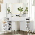 thumbnail image 1 of OKD Fluted Makeup Vanity Desk with Lighted Mirror and Drawers, Modern Corner Vanity with Glass Top and Charging Station, White, 1 of 8