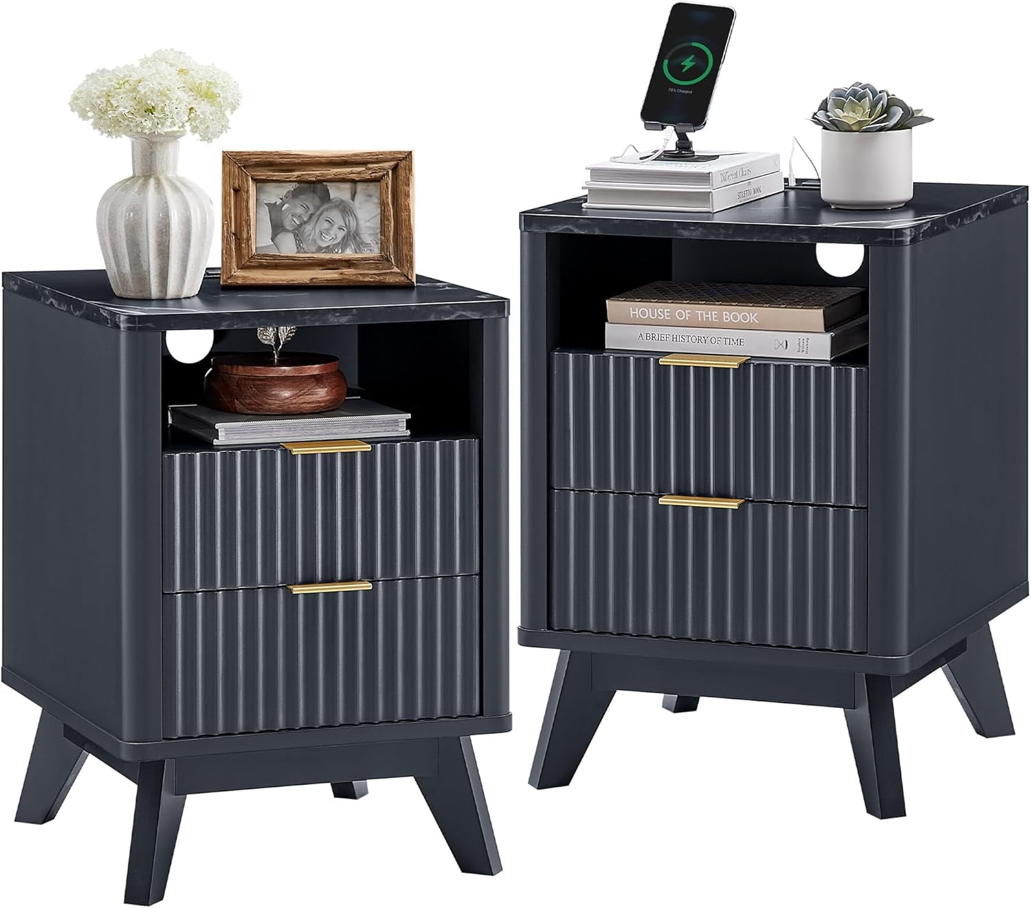 OKD Fluted Nightstand Set of 2 with Charging Station, Modern Side Table with Faux Marble Top, 2 Drawers End Table w/Storage, Bedside Table for Bedroom, Living Room, Dark Grey