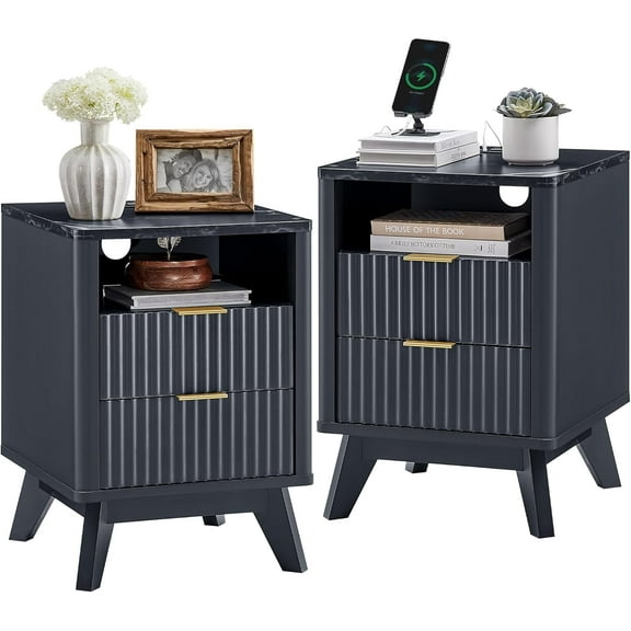 OKD Fluted Nightstand Set of 2 with Charging Station, Modern Side Table with Faux Marble Top, 2 Drawers End Table w/Storage, Bedside Table for Bedroom, Living Room, Dark Grey