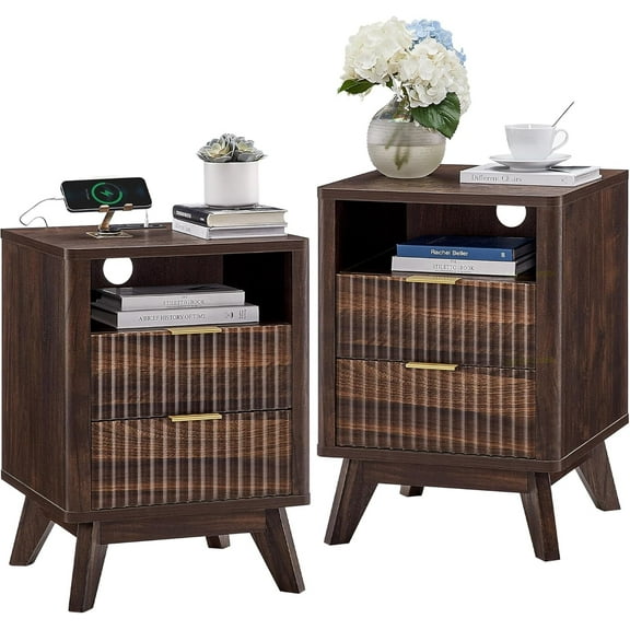 OKD Fluted Nightstand Set of 2 with Charging Station, Modern Side Table with Faux Marble Top, 2 Drawers End Table w/Storage, Bedside Table for Bedroom, Living Room, Dark Walnut
