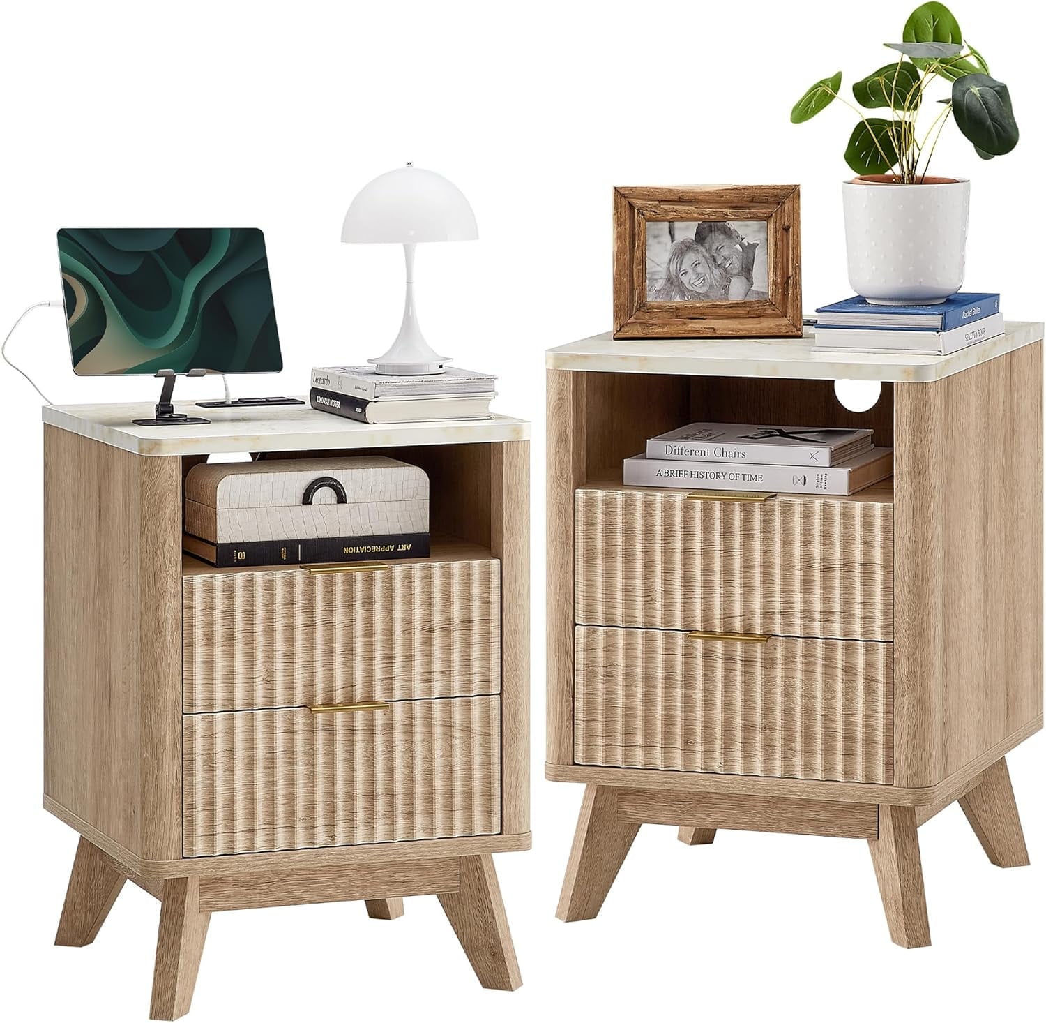 OKD Fluted Nightstand Set of 2 with Charging Station, Modern Side Table with Faux Marble Top, 2 Drawers End Table w/Storage, Bedside Table for Bedroom, Living Room, Natural Oak