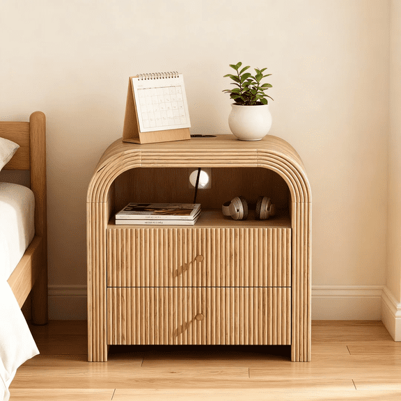 OKD Fluted Nightstand with Charging Station, Modern End Table with 2 Drawers and Metal Handles for bedroom/living room, Natural Oak