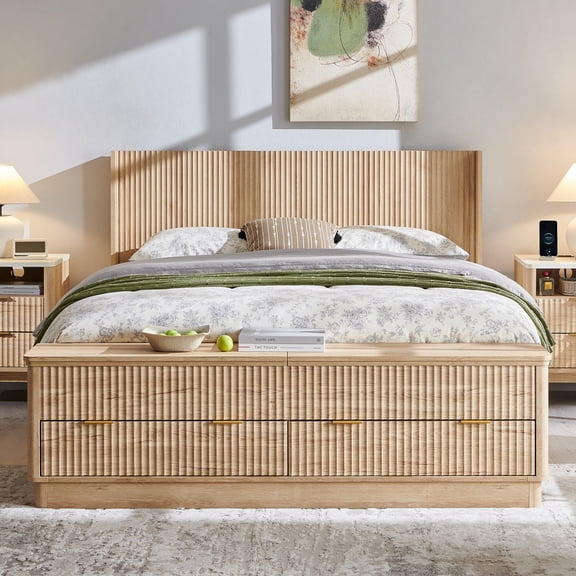 OKD Fluted Queen Size Bed Frame with Wingback Headboard, Footboard Storage Bench with Built-in Drawers & Lift-Up Compartments, Wood & Steel Platform Bed Frame, No Box Spring Needed, Natural Oak