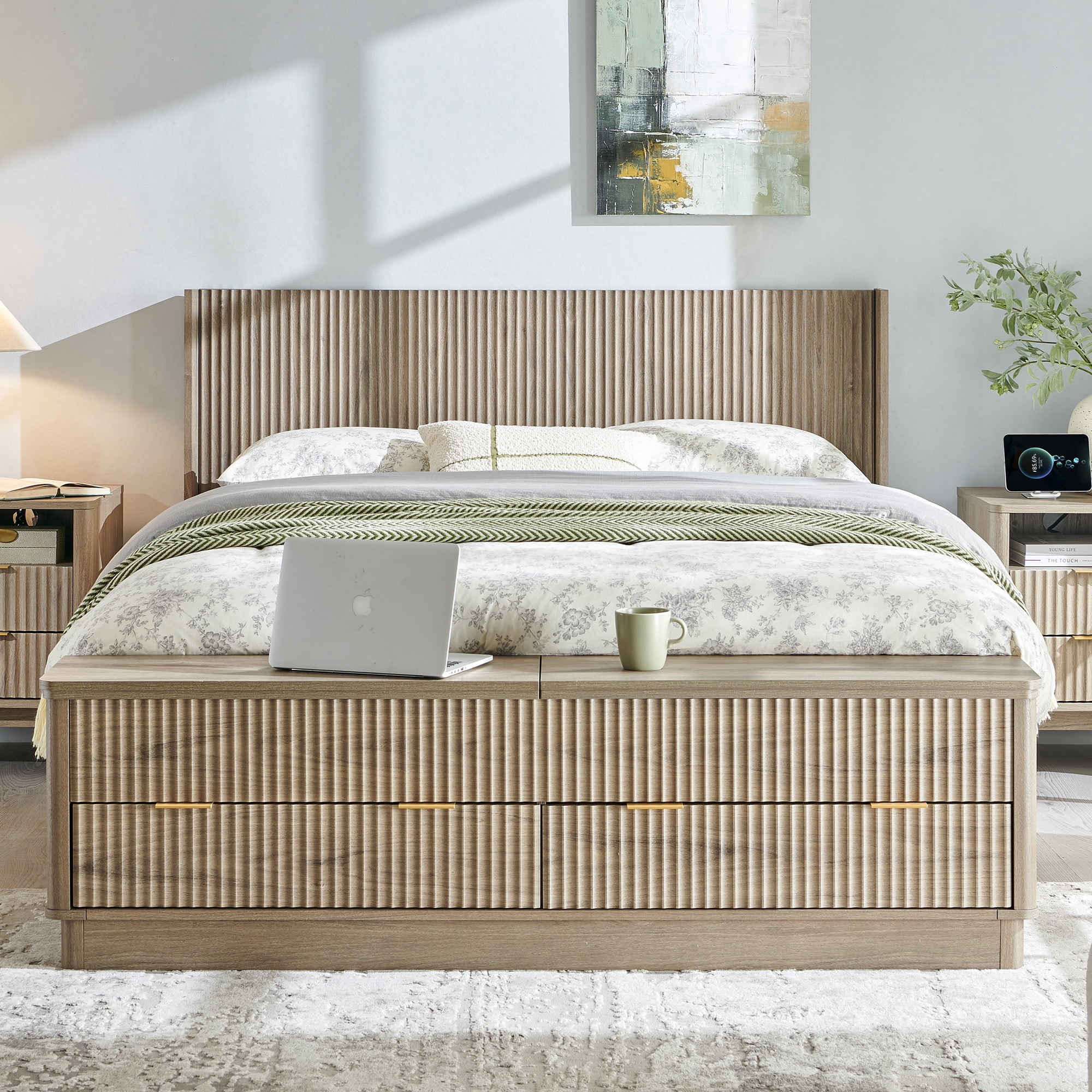 KeyWhat Modern Fluted Queen Size Bed Frame with Headboard & Storage Footboard, Built-in Drawers & Lift-Up Gas Struts, Solid Wood Slats, No Box Spring Needed, Grey Alder