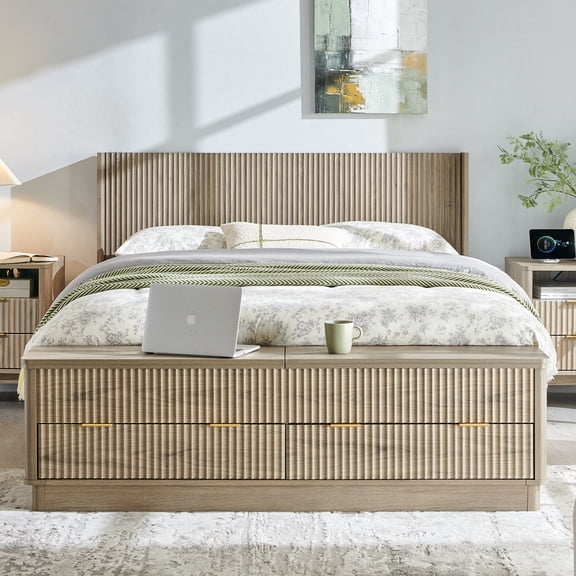 OKD Fluted Queen Size Bed Frame with Wingback Headboard, Footboard Storage Bench with Built-in Drawers & Lift-Up Compartments, Wood & Steel Platform Bed Frame, No Box Spring Needed, Grey Alder