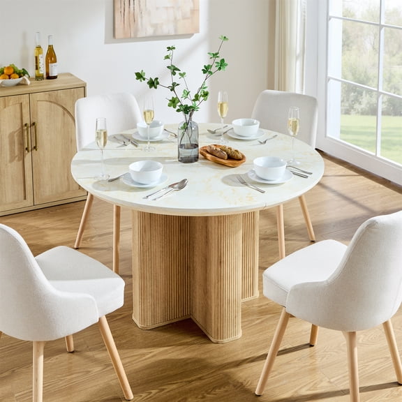 KeyWhat Fluted Round Dining Table for 4–6, 47" Mid-Century Modern Kitchen Table with Solid Wood Pedestal Base for Kitchen Living Room, Marble & Natural Oak