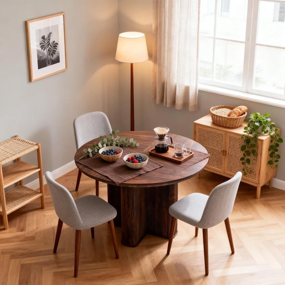 OKD Fluted Round Dining Table for 4–6, 47" Mid-Century Modern Kitchen Table with Solid Wood Pedestal Base for Kitchen Living Room, Dark Walnut