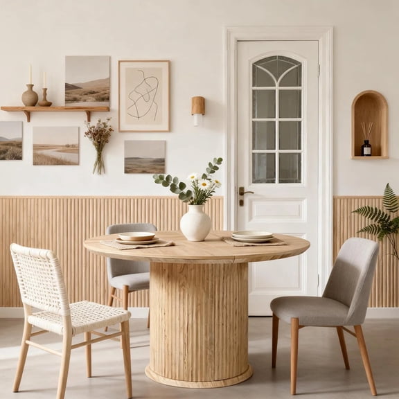 KeyWhat Fluted Round Dining Table for 4–6, 47" Modern Kitchen Table with Solid Wood Cylindrical Base for Kitchen Living Room, Natural Oak