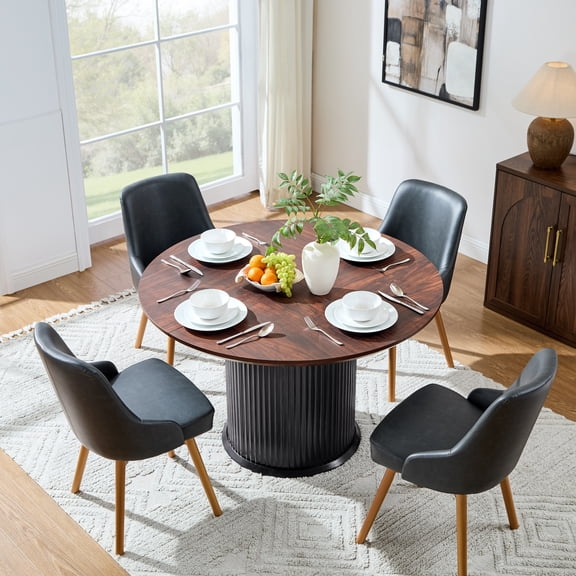 KeyWhat Fluted Round Dining Table for 4–6, 47" Modern Kitchen Table with Solid Wood Cylindrical Base for Kitchen Living Room, Walnut & Black