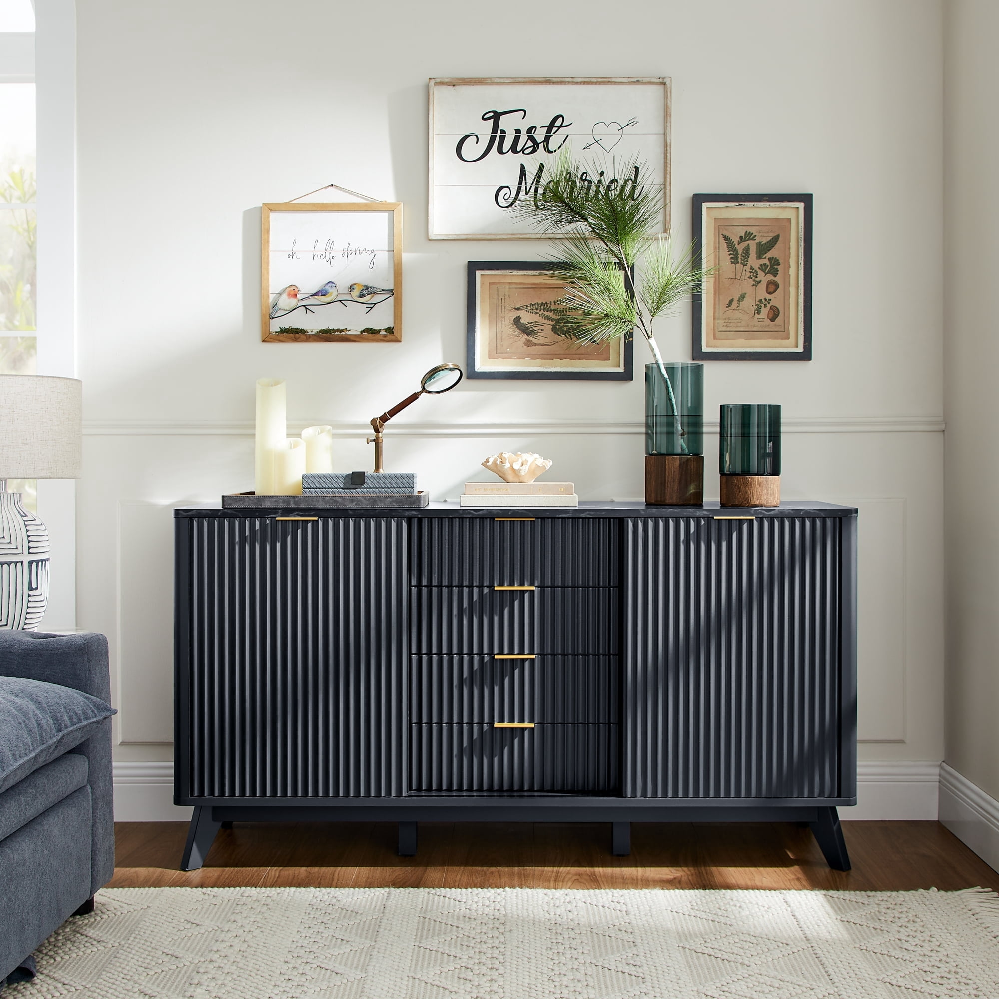 OKD 60" Fluted Wood Dresser with Sliding Doors and 4 Drawers, Modern Chest with Faux Marble Top, Chest of Drawers for Bedroom, Living Room, Dark Gray
