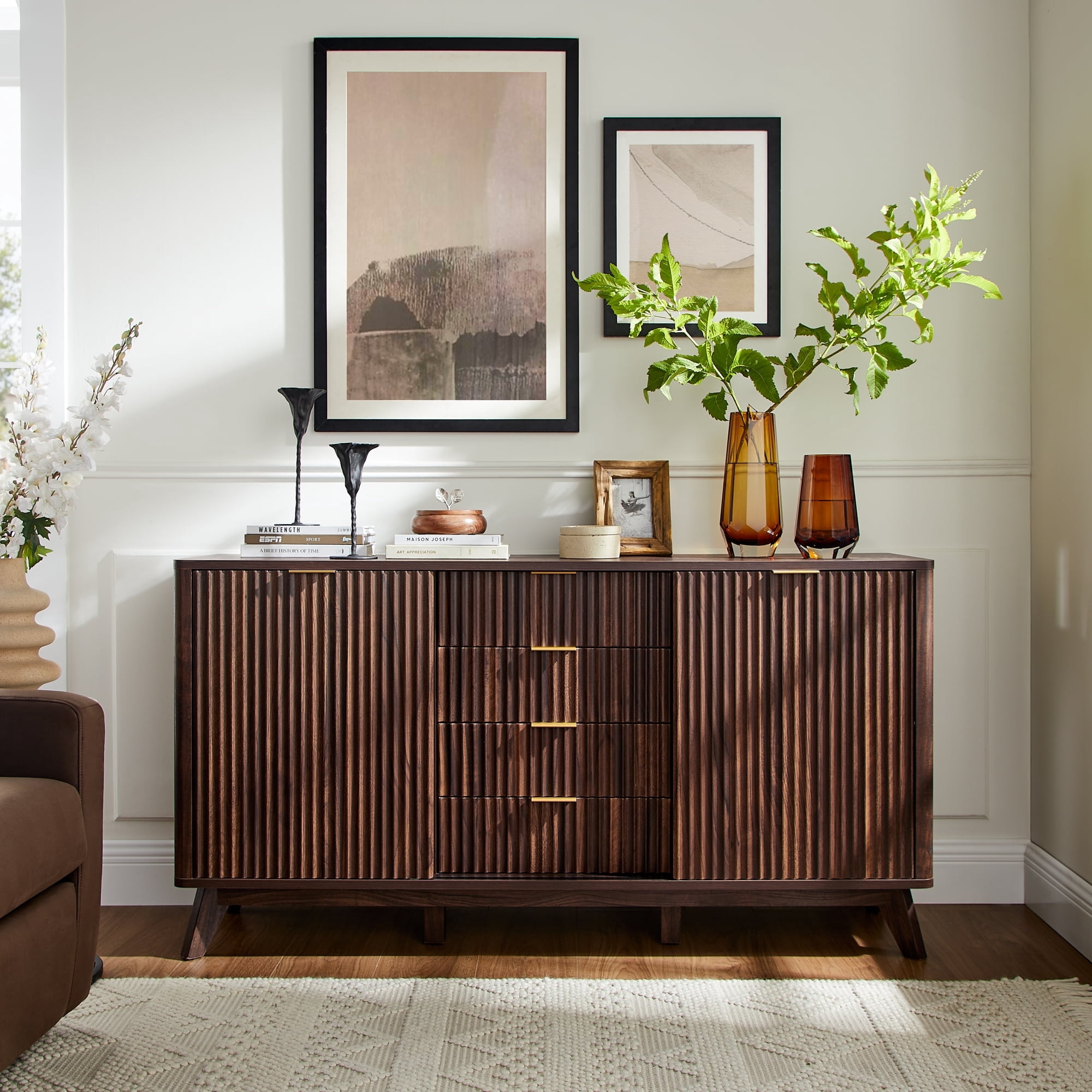 OKD 60" Fluted Wood Dresser with Sliding Doors and 4 Drawers, Modern Chest with Faux Marble Top, Chest of Drawers for Bedroom, Living Room, Dark Walnut