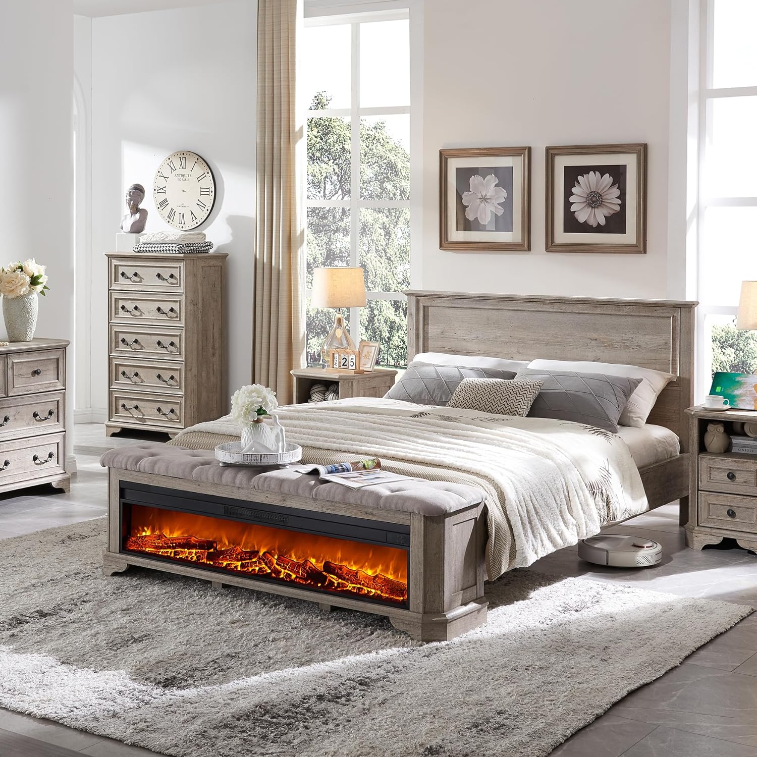 OKD Full Size Bed Frame with with 48" Electric Fireplace, Upholstered