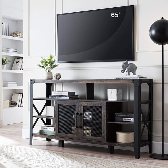 OKD Industrial Tall TV Stand with Open Shelves Metal for Max TVs up to 65", Dark Rustic Oak Finish