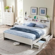 OKD King Bed Frame with Charging Station and 4 Drawers, Wood Modern Platform Bed with Fluted Panel Bookcase Headboard, No Box Spring Needed, White
